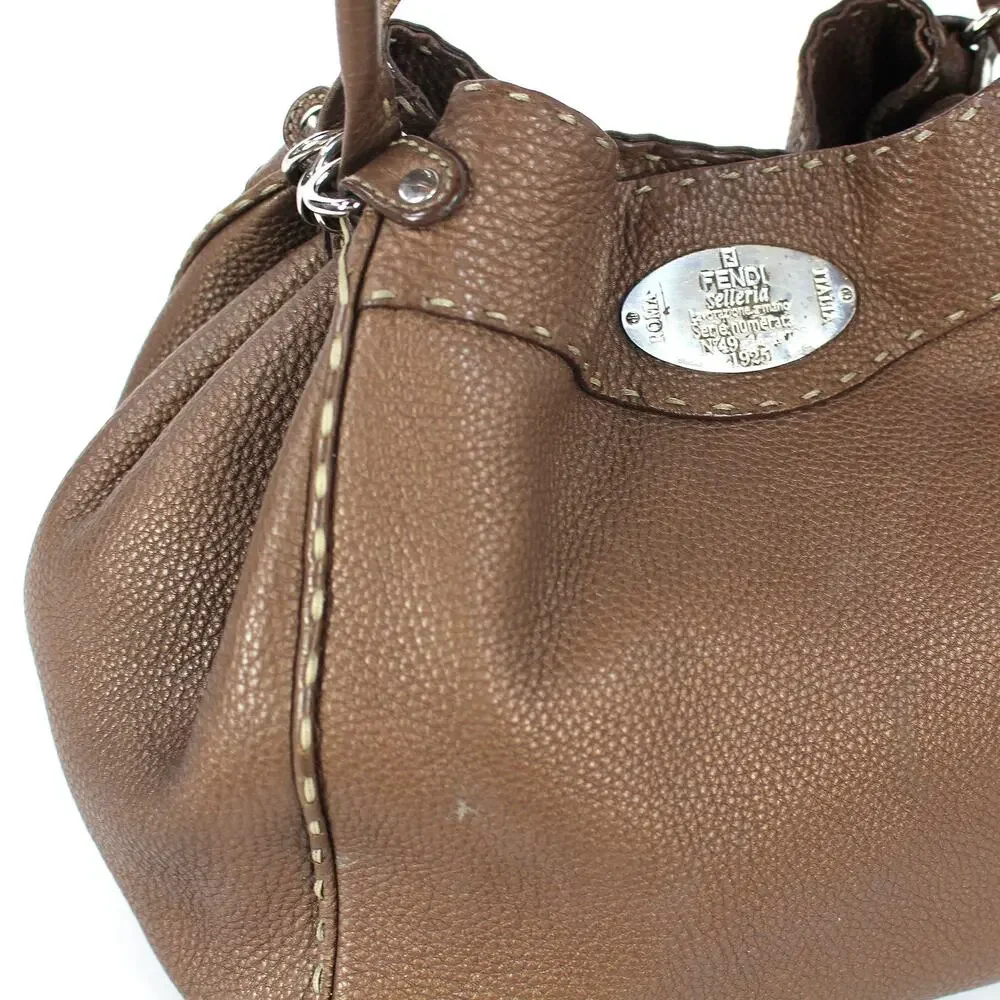 FENDI Selleria Lavorazione A Mano Bronze Pebbled Leather Satchel Handbag Bucket